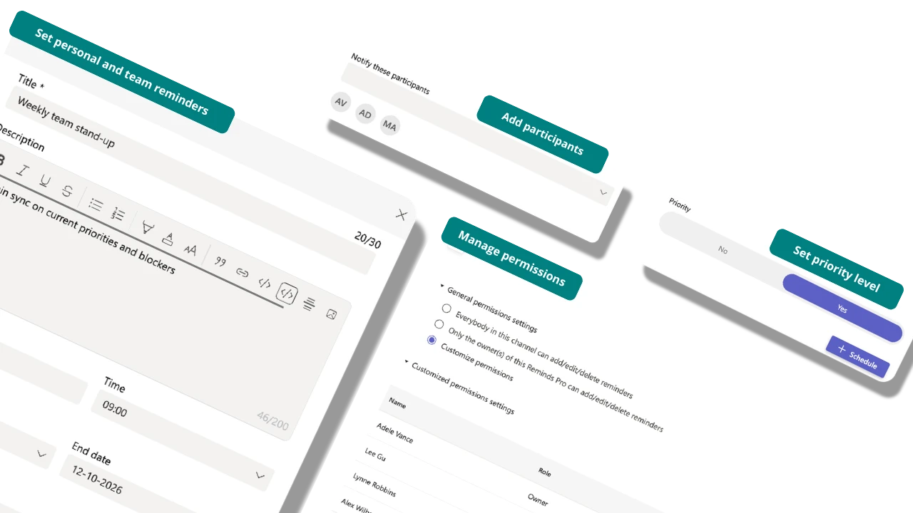 Reminds Pro features overview: reminders, participants, permissions, priority