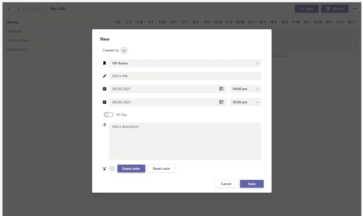 Booking Room Pro interface inside Microsoft Teams showing available meeting rooms and desks with one-click booking